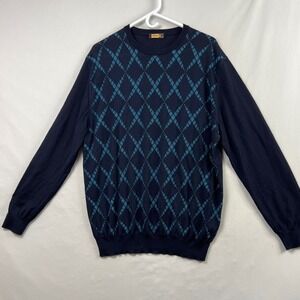 Zilli Cashmere Silk Sweater Mens 60 4XL Navy Blue Teal Diamond Crewneck Italy